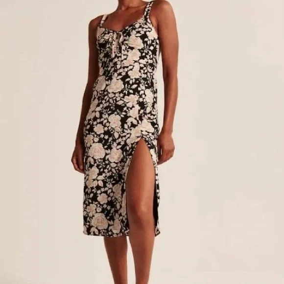 Abercrombie & Fitch Black Floral Cinch Front Midi Dress XS - Picture 2 of 10